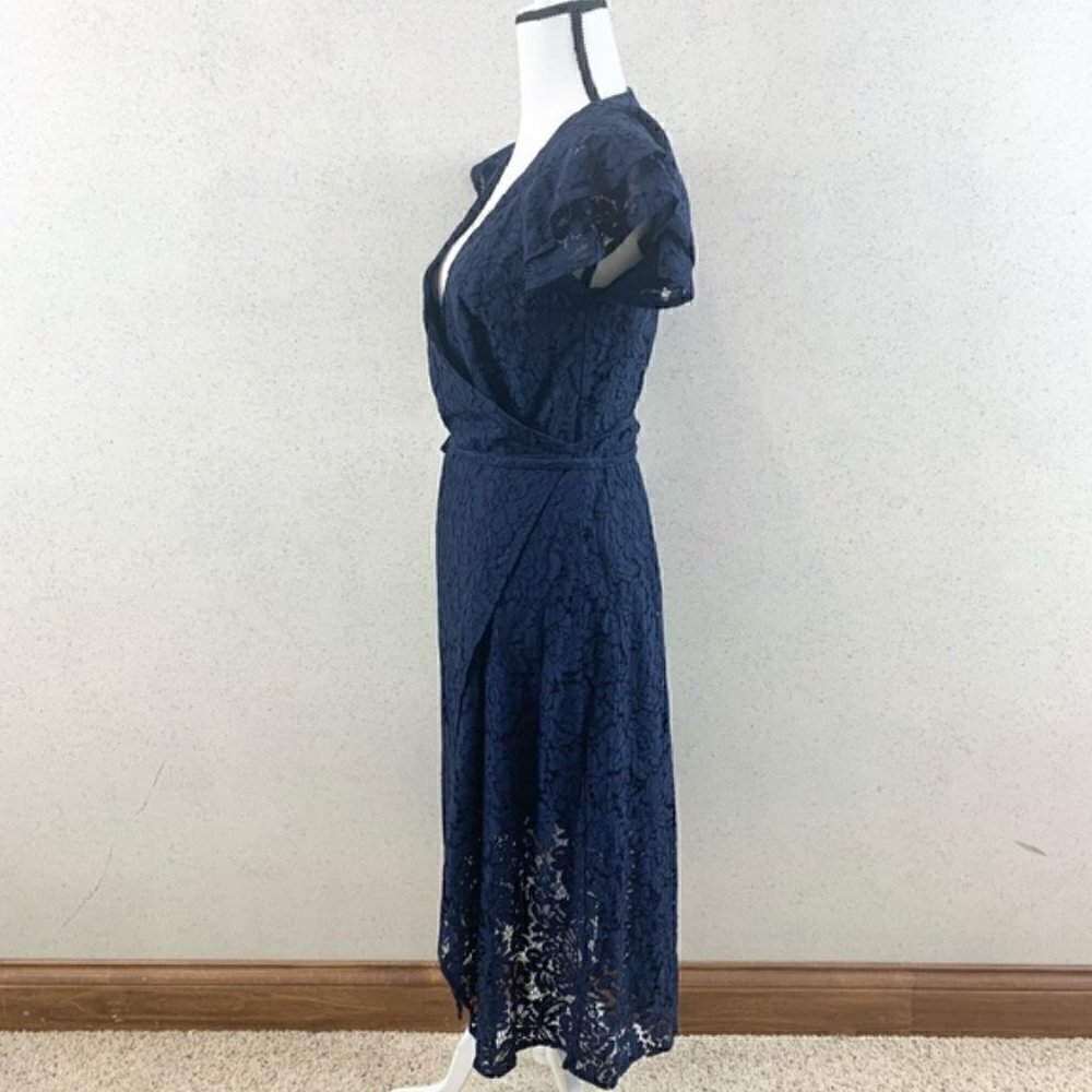 ALI & JAY Dress XS Lace and Paper Flowers Wrap Midi Ruffle Sleeve Navy Blue - Picture 4 of 12